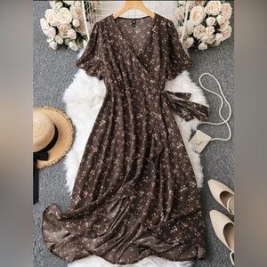 SHEIN Ditsy Floral Print Butterfly Sleeve Knot Side Ruffle Trim Wrap Dress- NWOT